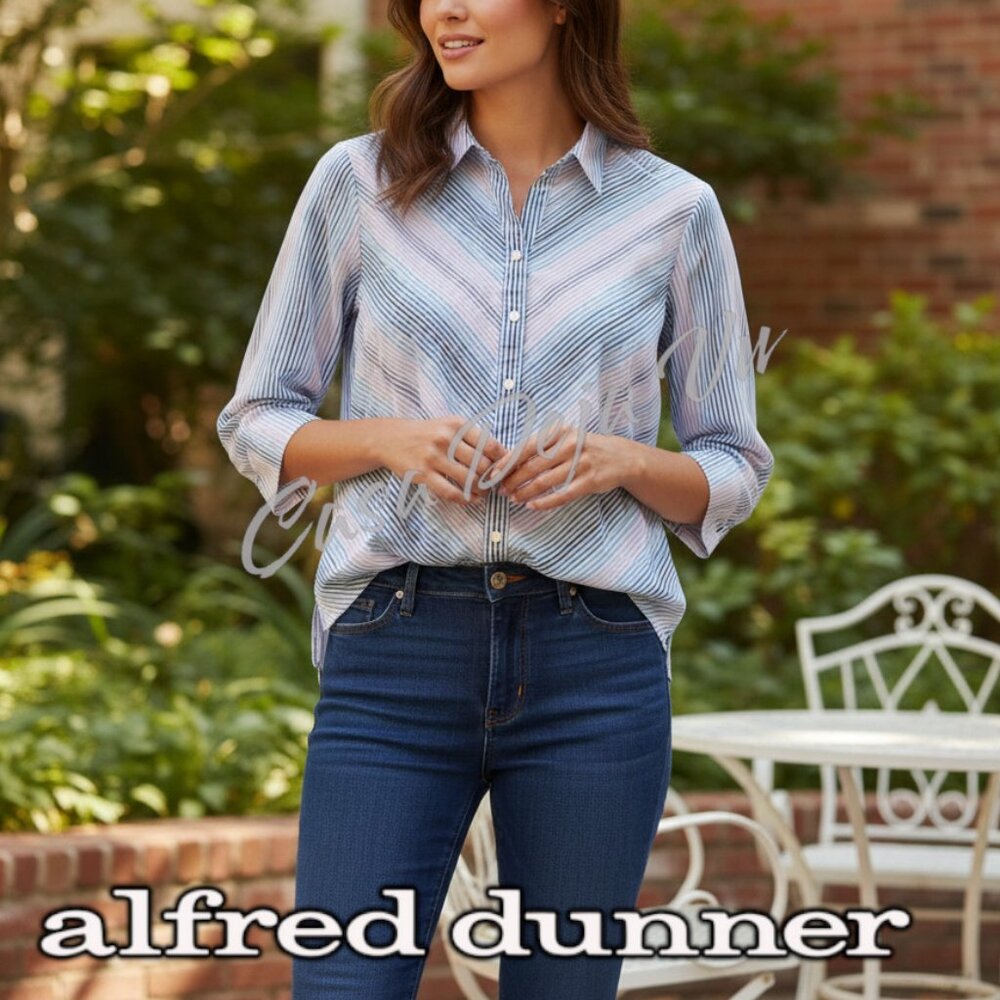 Alfred Dunner Spring Pastels Chevron Stripe Button Down Collared Blouse